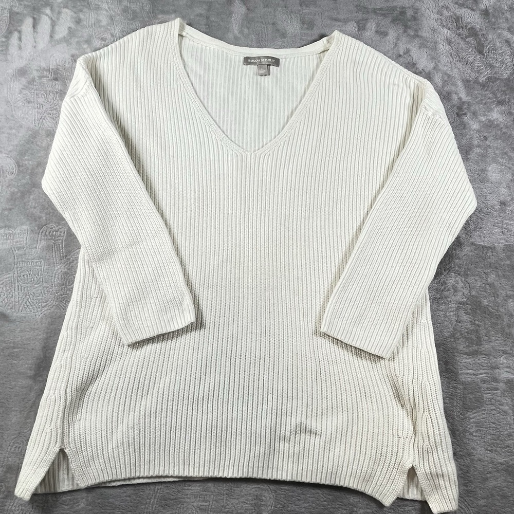 Banana Republic Size L Ivory V Neck Cotton Ribbed Pullover‎ Cable Knit Sweater